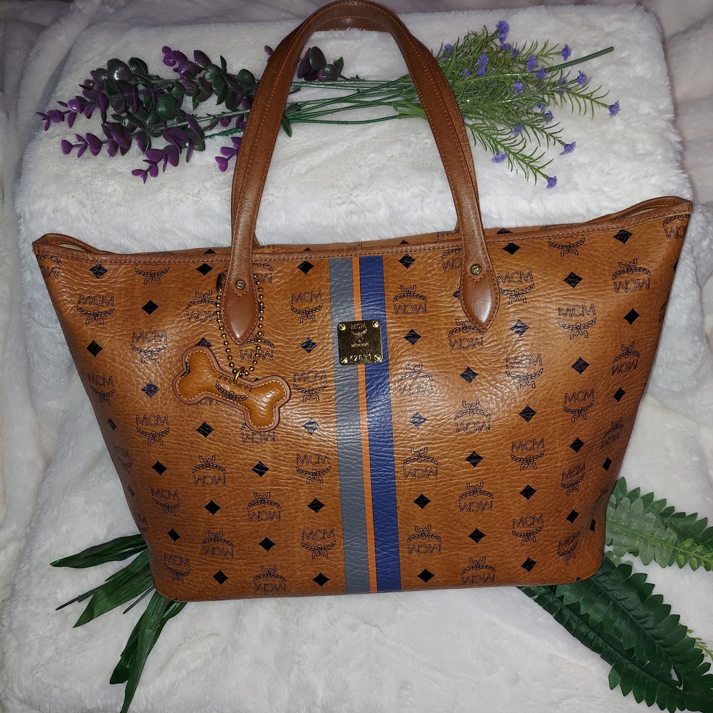 MCM Brown and Blue Logo Tote